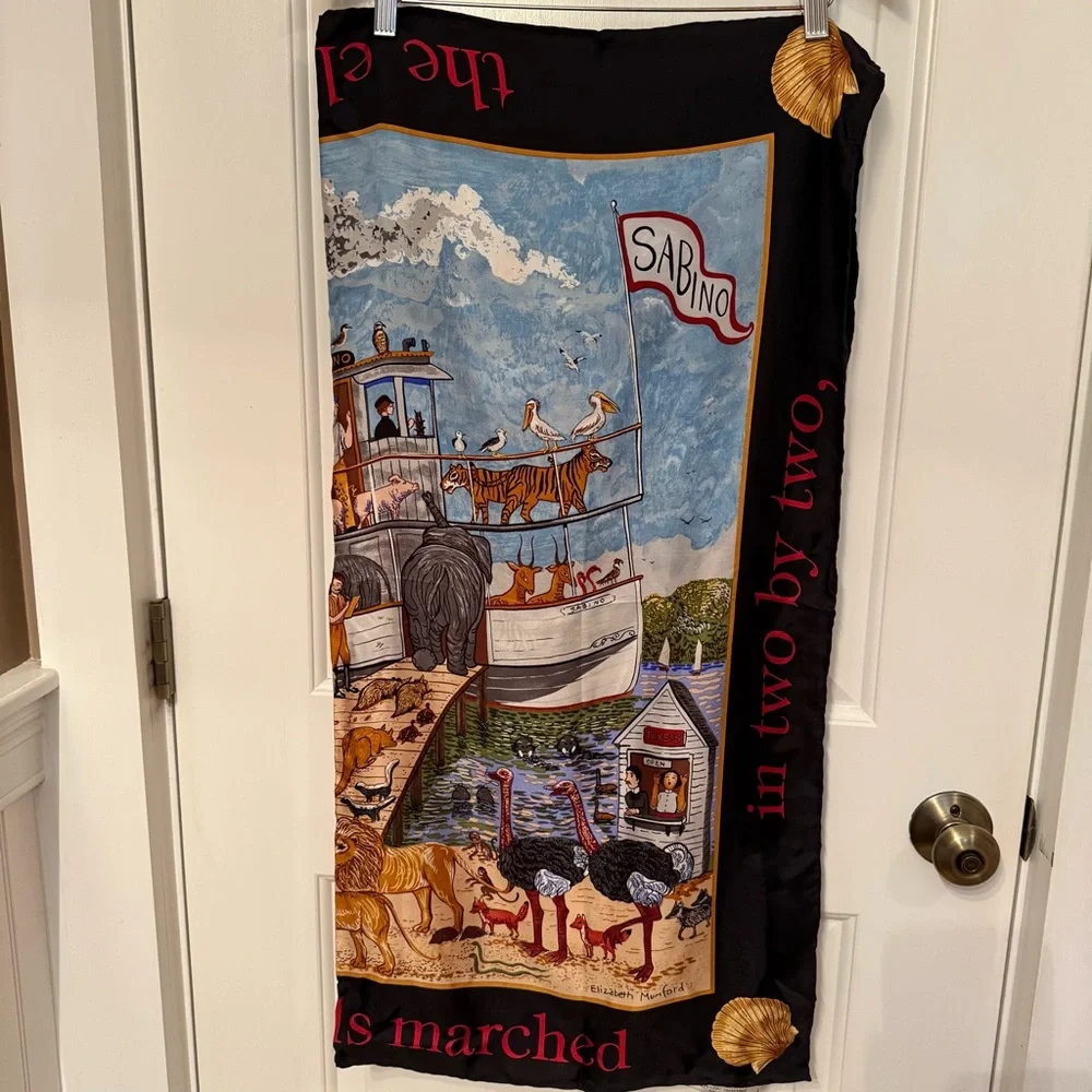 MYSTIC SEAPORT ELIZABETH MUMFORD SCARF SILK NOAHS ARK SHIP ANIMALS BLACK BLUE
